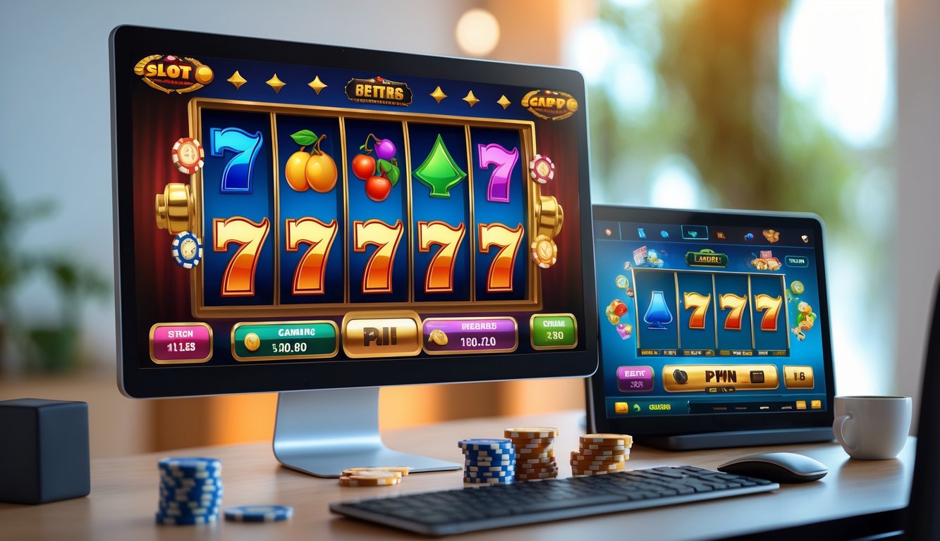 Seorang pemain sedang menggunakan komputer dengan tampilan permainan mesin slot berwarna-warni di layar, dikelilingi oleh chip kasino dan ponsel di atas meja.