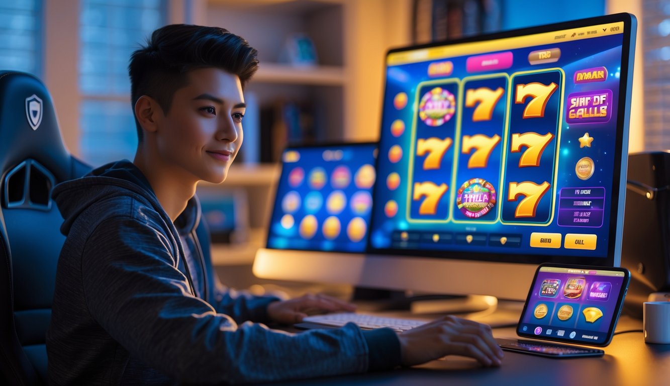 Seorang dewasa muda sedang menggunakan laptop dan ponsel dengan tampilan permainan slot online di sebuah ruangan yang nyaman.