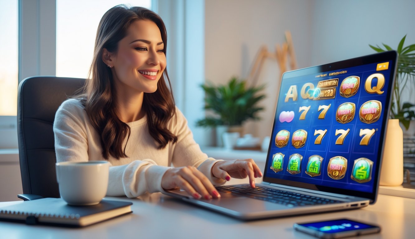 Seorang wanita muda duduk di meja dengan laptop, tersenyum saat bermain permainan slot online di rumah.
