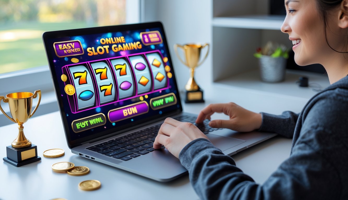 Seorang dewasa muda sedang bermain permainan slot online di laptop di ruang kerja rumah yang terang dan rapi.