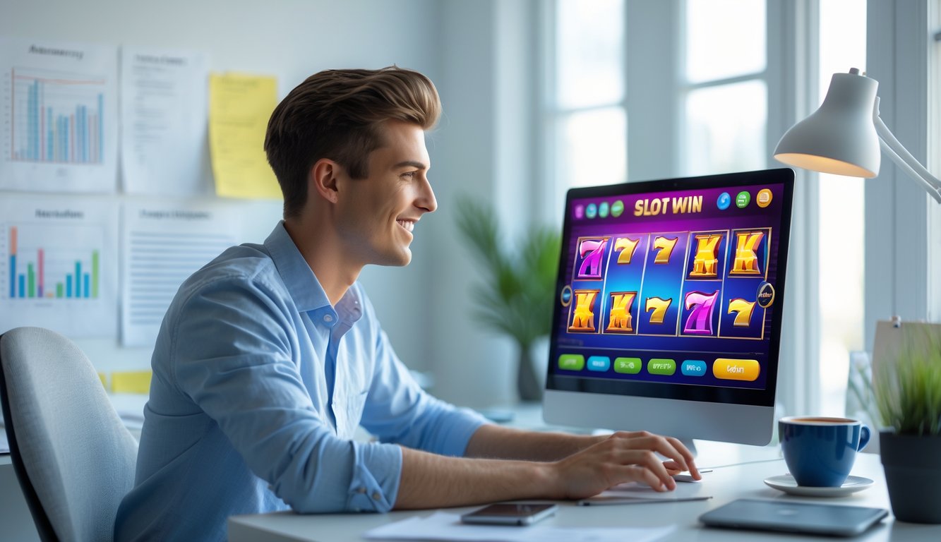 Seorang pria muda duduk di meja kerja dengan laptop yang menampilkan permainan slot online, terlihat fokus dan percaya diri di ruang kerja yang terang.