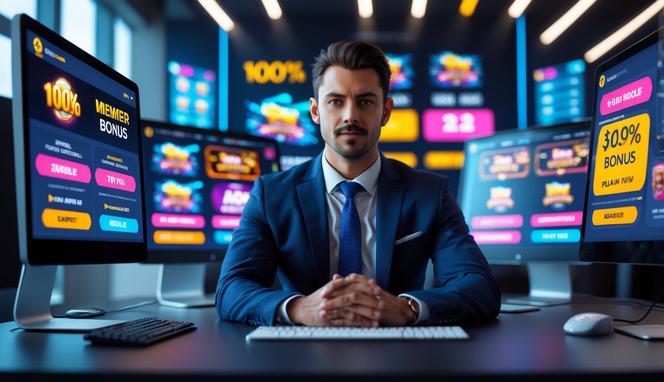 Seorang pria profesional duduk di depan beberapa layar komputer yang menampilkan permainan slot online dan grafik strategi di sebuah kantor modern.