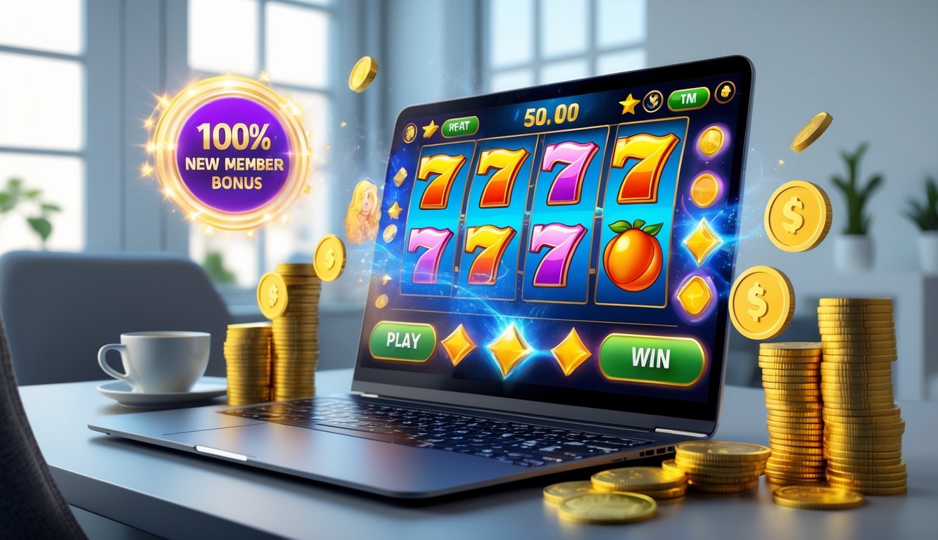 Seorang pengguna sedang bermain game slot online di komputer dengan grafik warna-warni dan koin emas di sekitar meja kerja yang rapi.