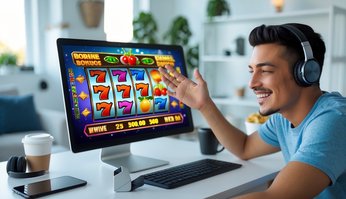 Seseorang sedang bermain mesin slot online dengan ekspresi senang di depan komputer di ruang tamu yang rapi.