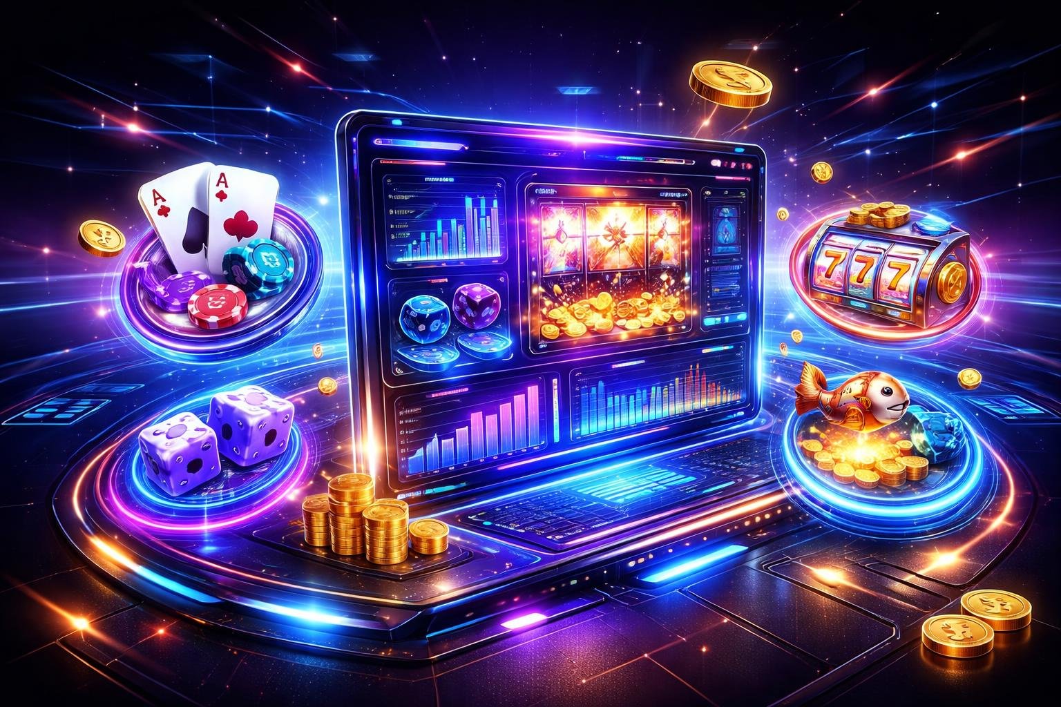 Tampilan antarmuka permainan online futuristik dengan grafik dan ikon permainan yang berwarna cerah dalam ruang digital gelap.