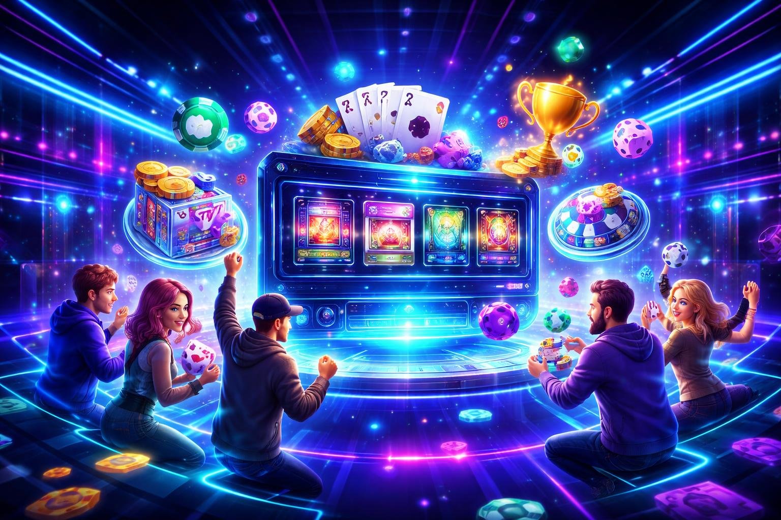 Suasana permainan online dengan avatar pemain yang bersemangat di sekitar konsol permainan futuristik yang dikelilingi oleh ikon game holografik.