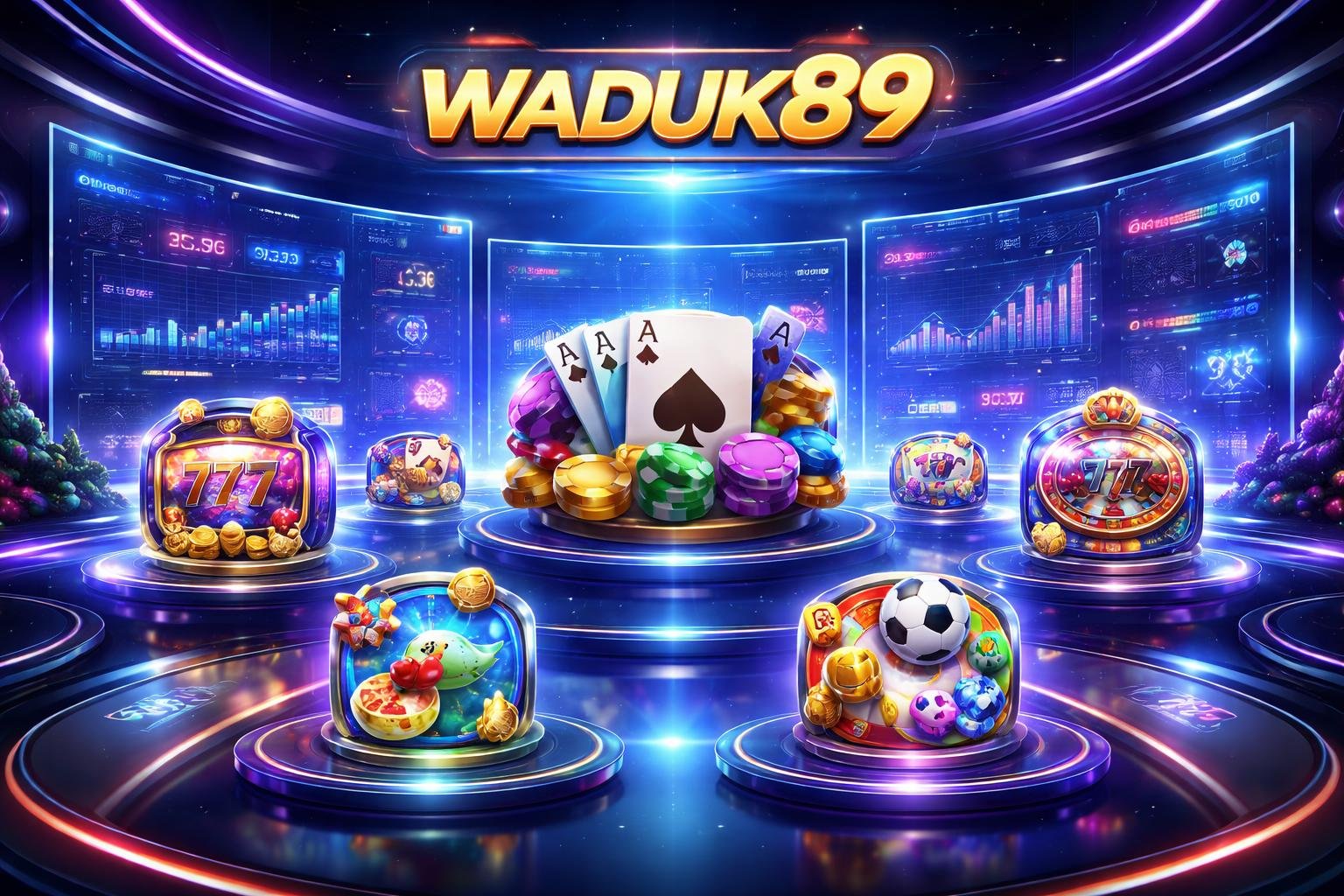 Tampilan antarmuka game online dengan berbagai jenis permainan dan peluang kemenangan di lingkungan kasino digital futuristik.