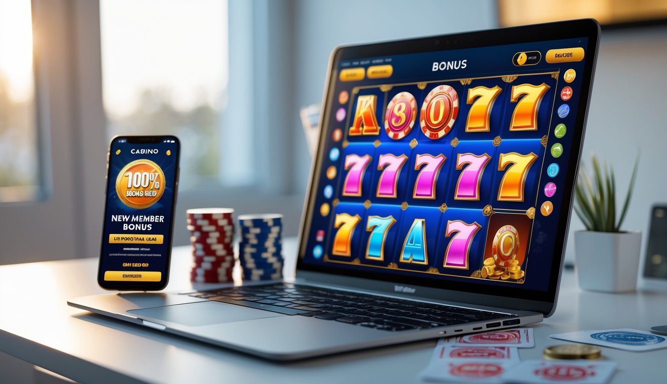 Sebuah meja kerja modern dengan laptop yang menampilkan permainan slot online dan ponsel yang menunjukkan promosi bonus anggota baru 100%, dikelilingi oleh dekorasi bertema kasino.