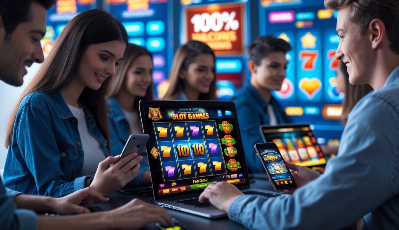 Sekelompok orang muda menggunakan laptop dan ponsel untuk bermain permainan slot online dengan latar belakang suasana kasino digital yang cerah dan menarik.