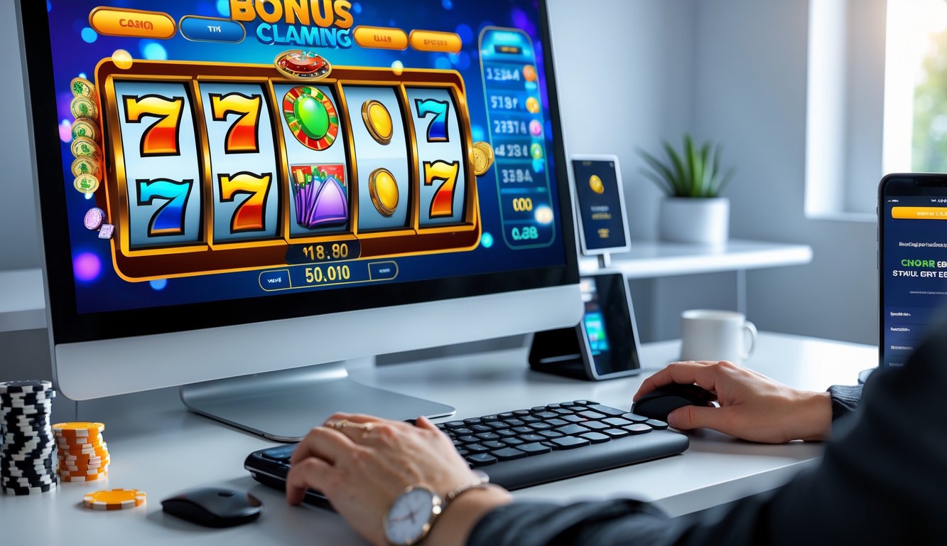 Seseorang sedang bermain slot online di komputer dengan layar menampilkan mesin slot berwarna-warni dan suasana meja kerja yang rapi.