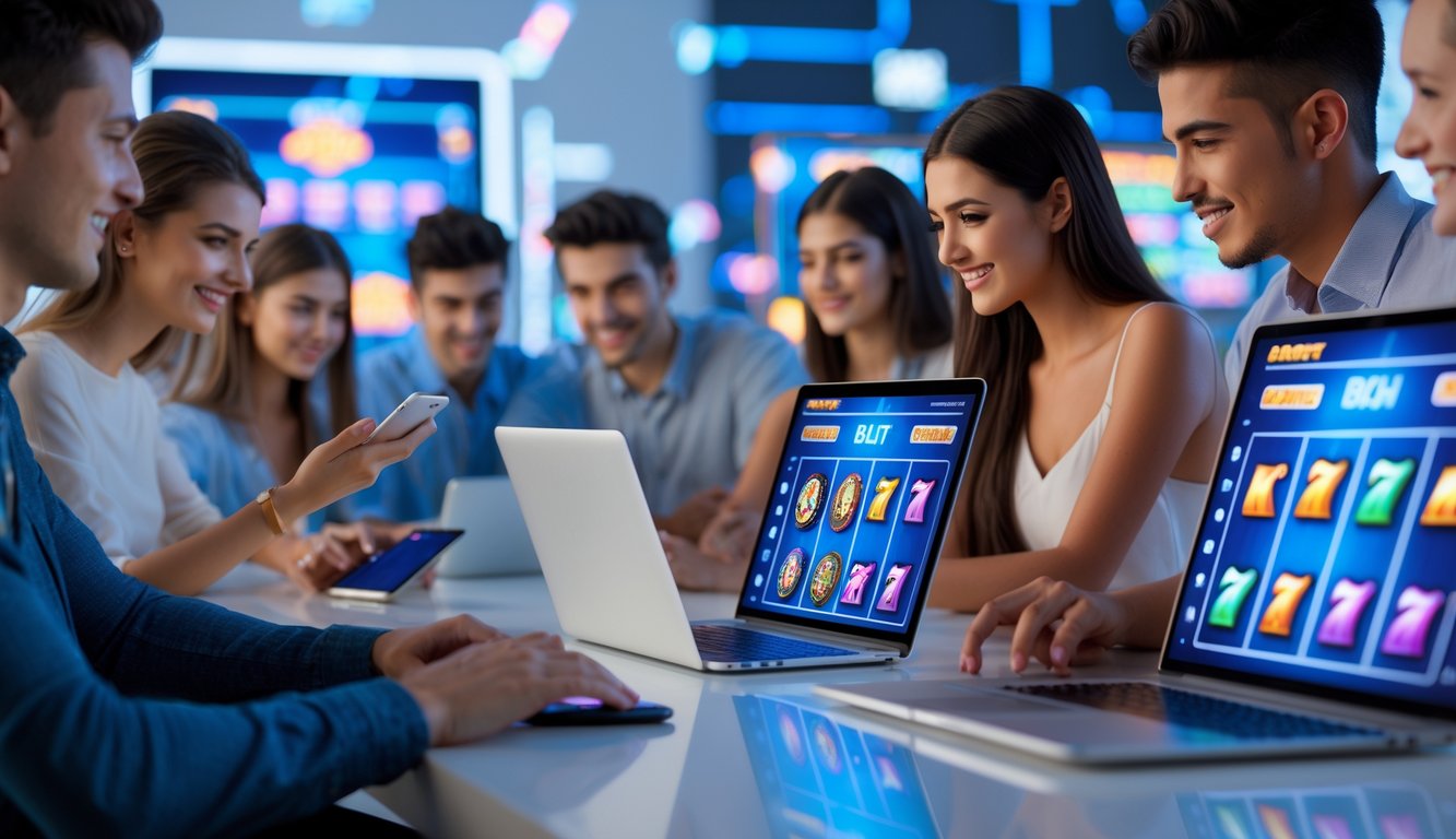 Beberapa orang muda menggunakan perangkat digital untuk bermain permainan slot online di lingkungan yang modern dan cerah.