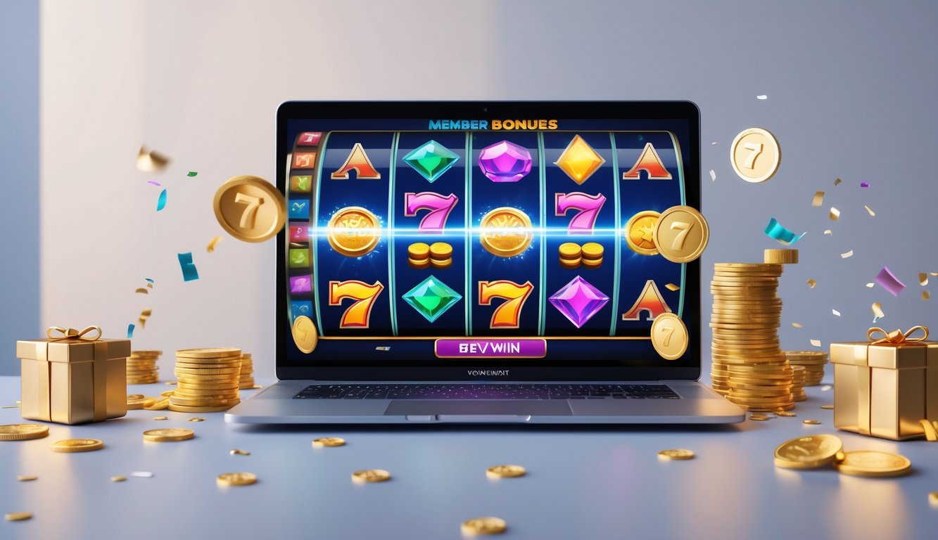 Seorang pengguna sedang bermain mesin slot online di laptop dengan tampilan grafis permainan yang berwarna-warni dan simbol kemenangan di layar.