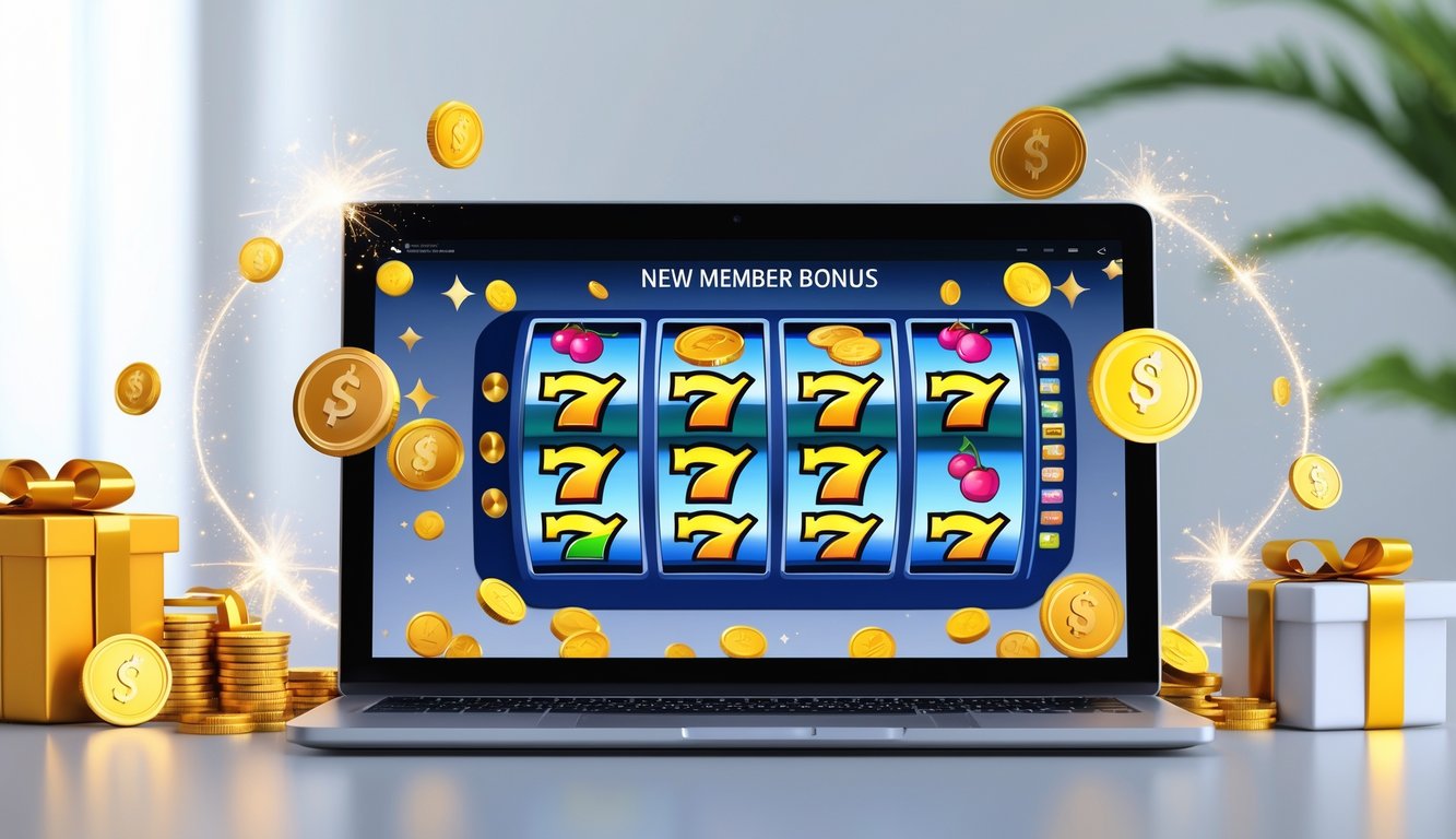 Sebuah laptop menampilkan permainan slot online dengan simbol warna-warni dan koin emas di sekitarnya.