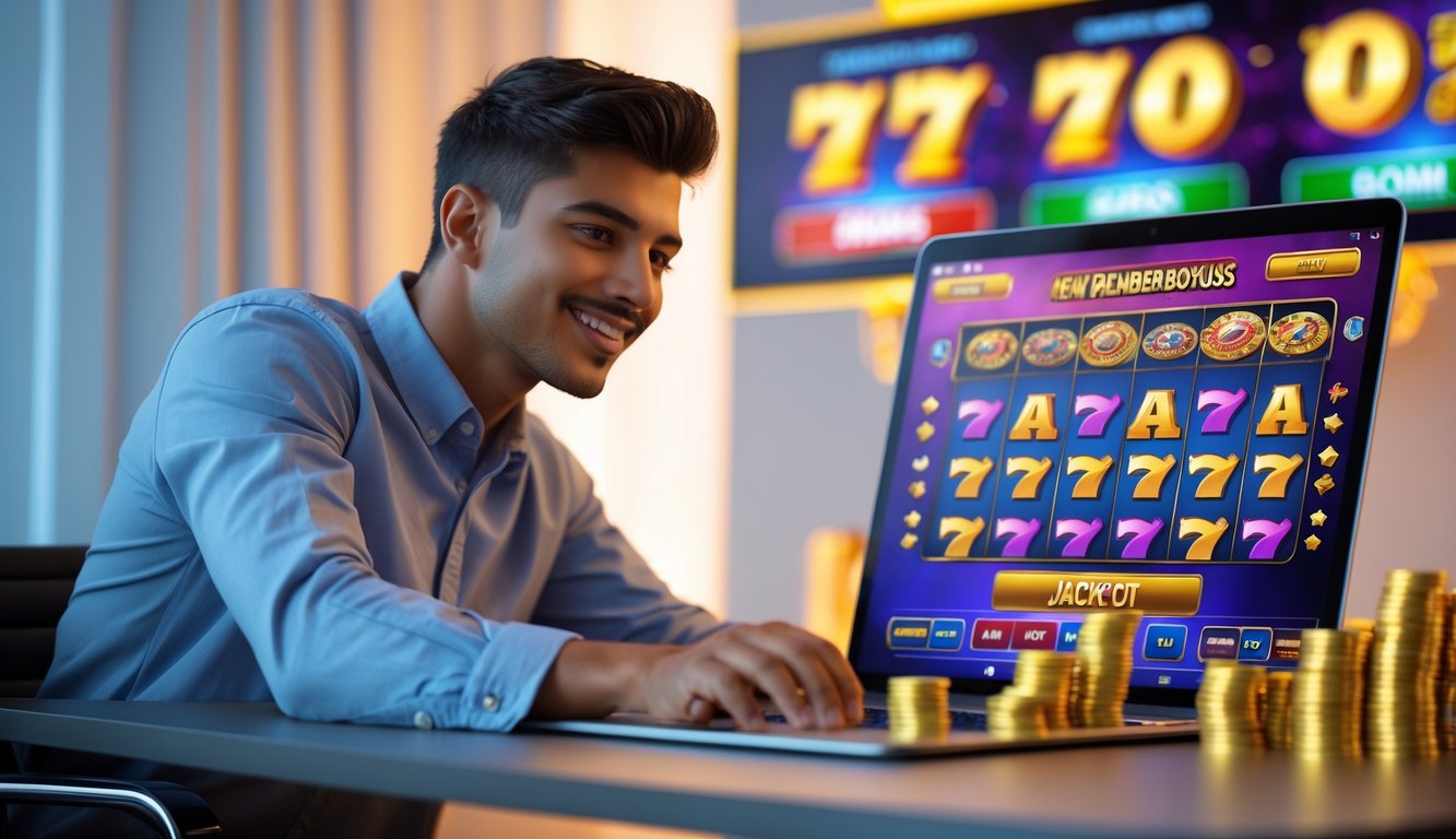 Seorang pria muda duduk di meja dengan laptop yang menampilkan permainan slot online, terlihat fokus dan tersenyum dengan tumpukan koin dan chip kasino di sekitarnya.