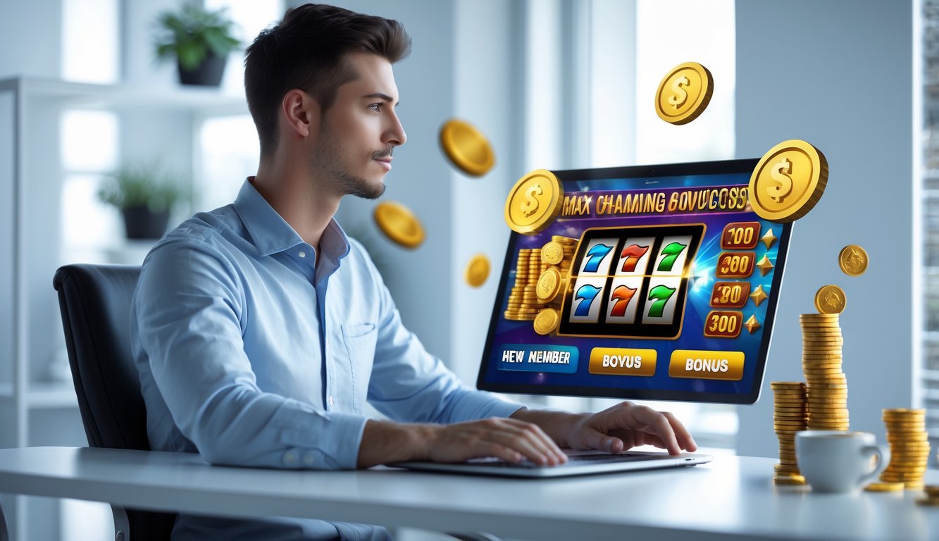 Seorang pria muda duduk di meja dengan laptop yang menampilkan permainan slot online dan simbol bonus, di ruang kerja rumah yang terang dan rapi.