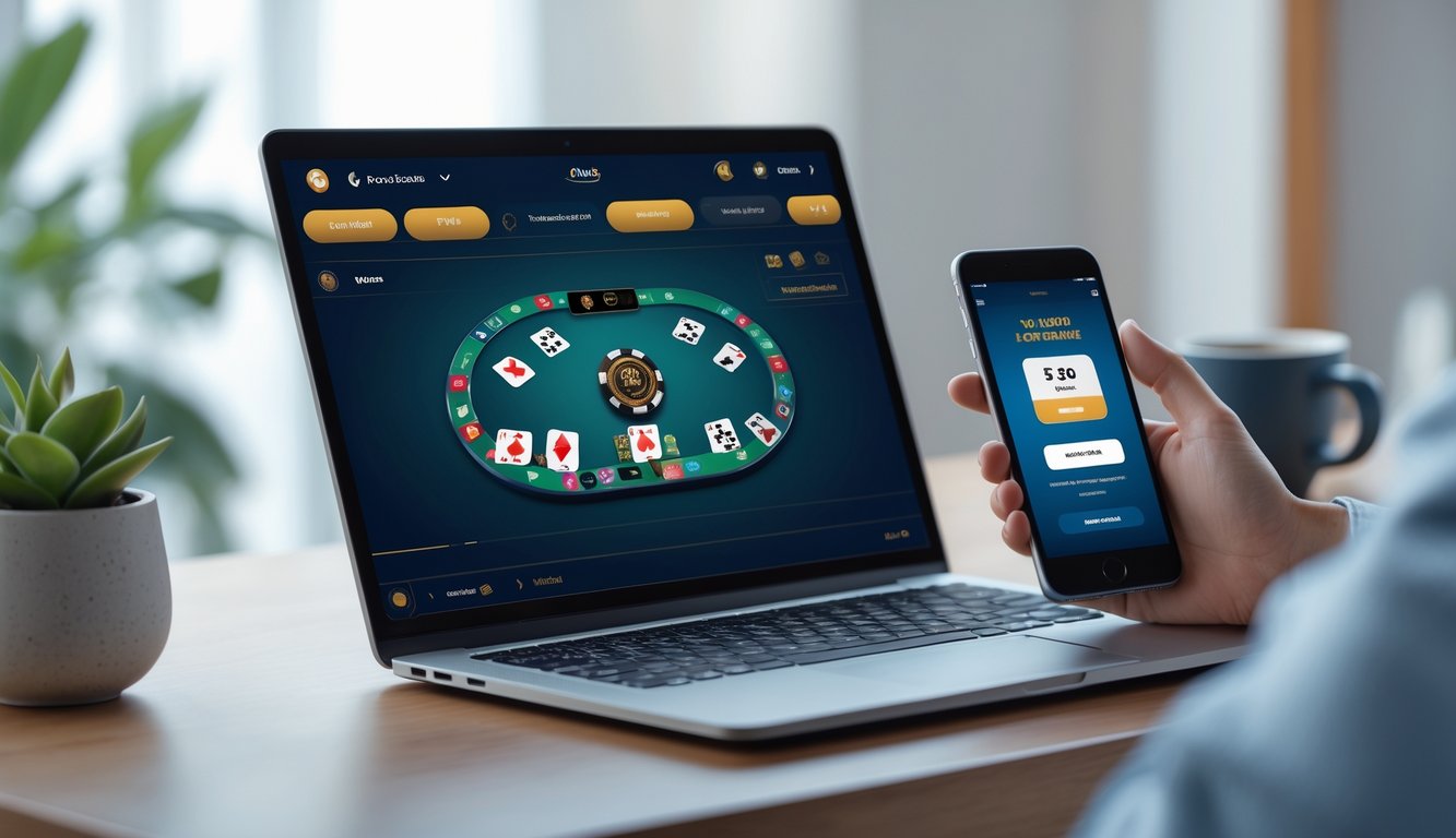 Meja kerja dengan laptop menampilkan permainan kartu digital dan ponsel dengan aplikasi perbankan, suasana rapi dan profesional.