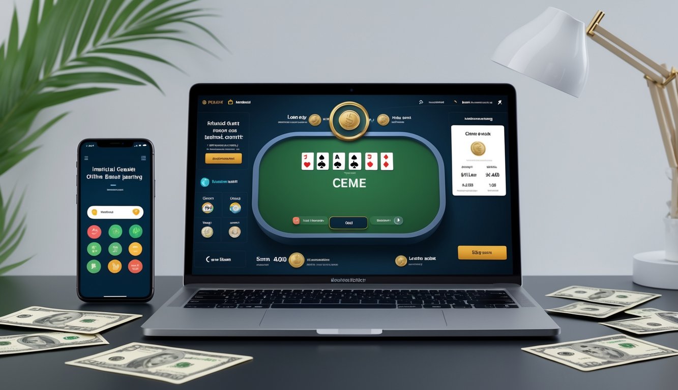 Seorang pengguna sedang bermain permainan kartu Ceme secara online di laptop dengan ponsel dan kartu kredit di meja, menunjukkan konsep perbankan lokal yang terpercaya.