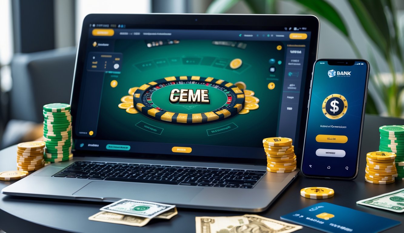 Seseorang menggunakan laptop dan ponsel untuk bermain permainan Ceme online dengan aplikasi bank lokal di meja kerja.