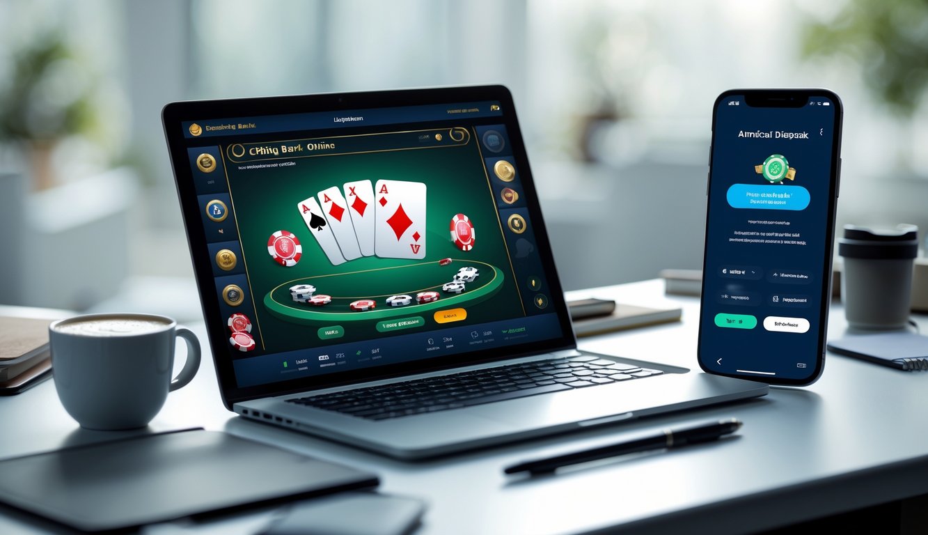 Seorang pengguna sedang bermain permainan kartu online di laptop dengan aplikasi perbankan di ponsel di meja kerja yang rapi.