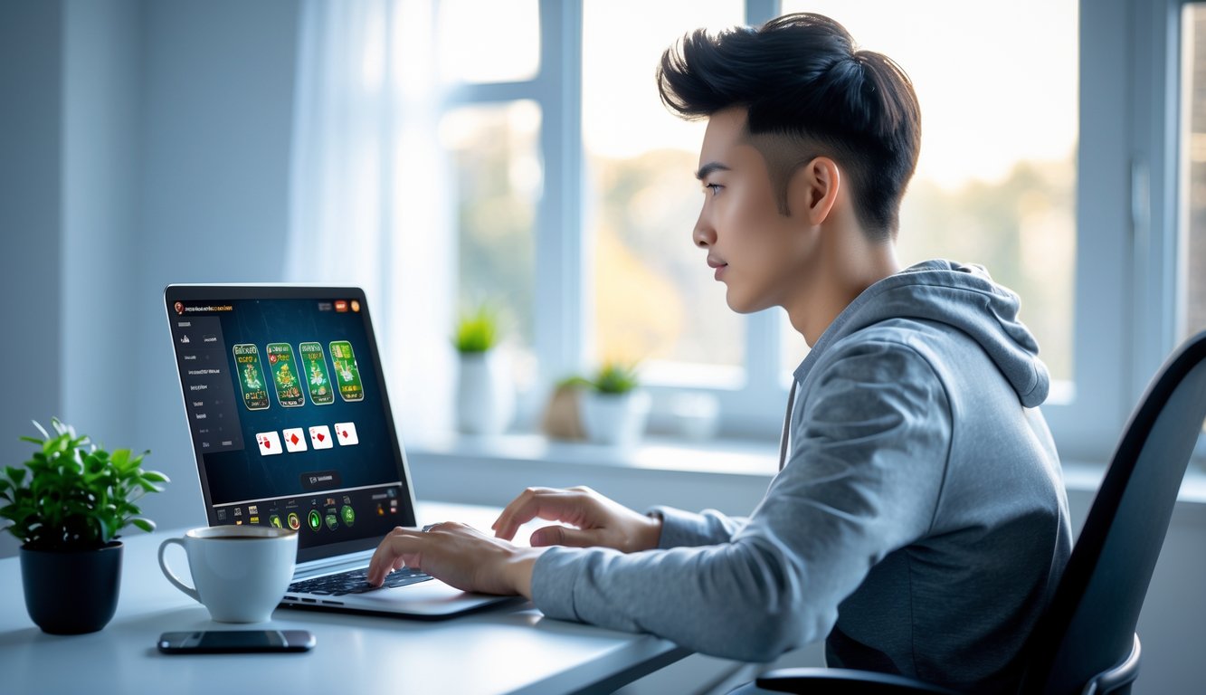 Seorang dewasa muda duduk di meja dengan laptop, fokus bermain permainan kartu online dalam ruangan yang rapi dan terang.