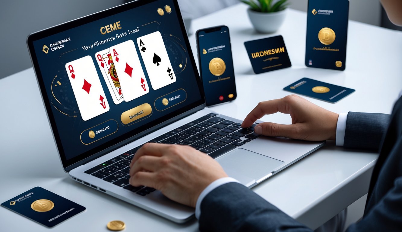 Seorang pengguna sedang menggunakan laptop dan ponsel untuk bermain permainan kartu online dengan suasana kerja yang rapi dan terang.