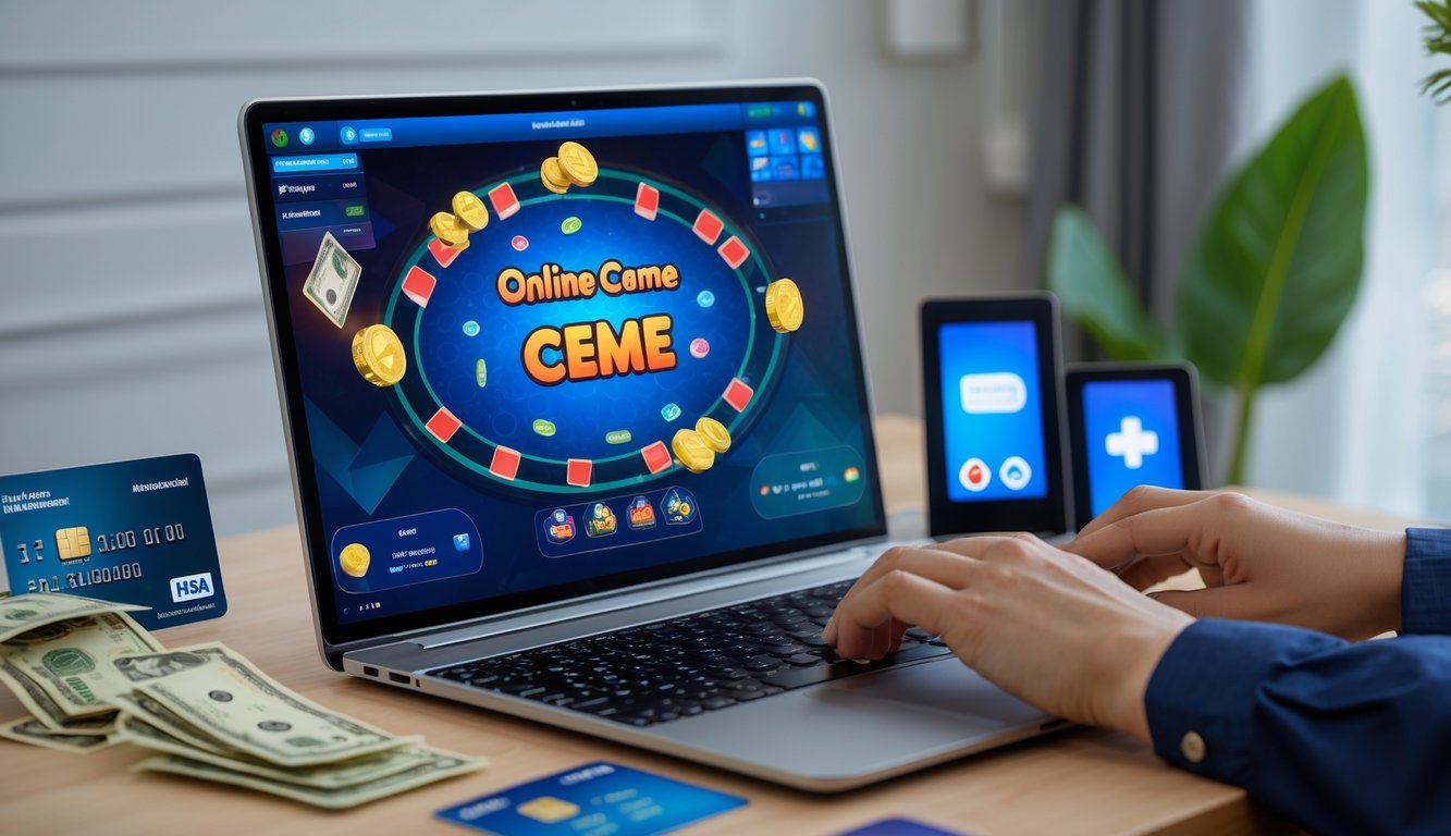 Seorang pengguna sedang bermain permainan kartu Ceme online di komputer dengan latar belakang simbol transaksi perbankan lokal Indonesia.