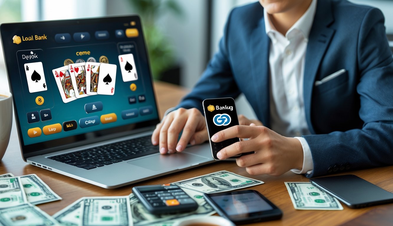 Seseorang menggunakan laptop dan ponsel untuk bermain permainan kartu online dengan aplikasi perbankan lokal di meja kerja.