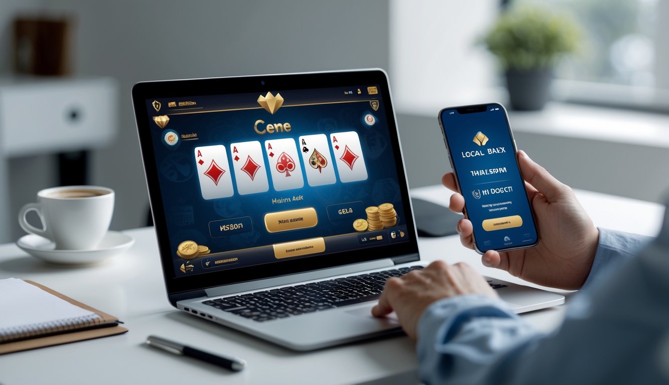 Seseorang menggunakan laptop dan ponsel untuk bermain permainan kartu online dan melakukan transaksi bank lokal di meja kerja yang rapi.