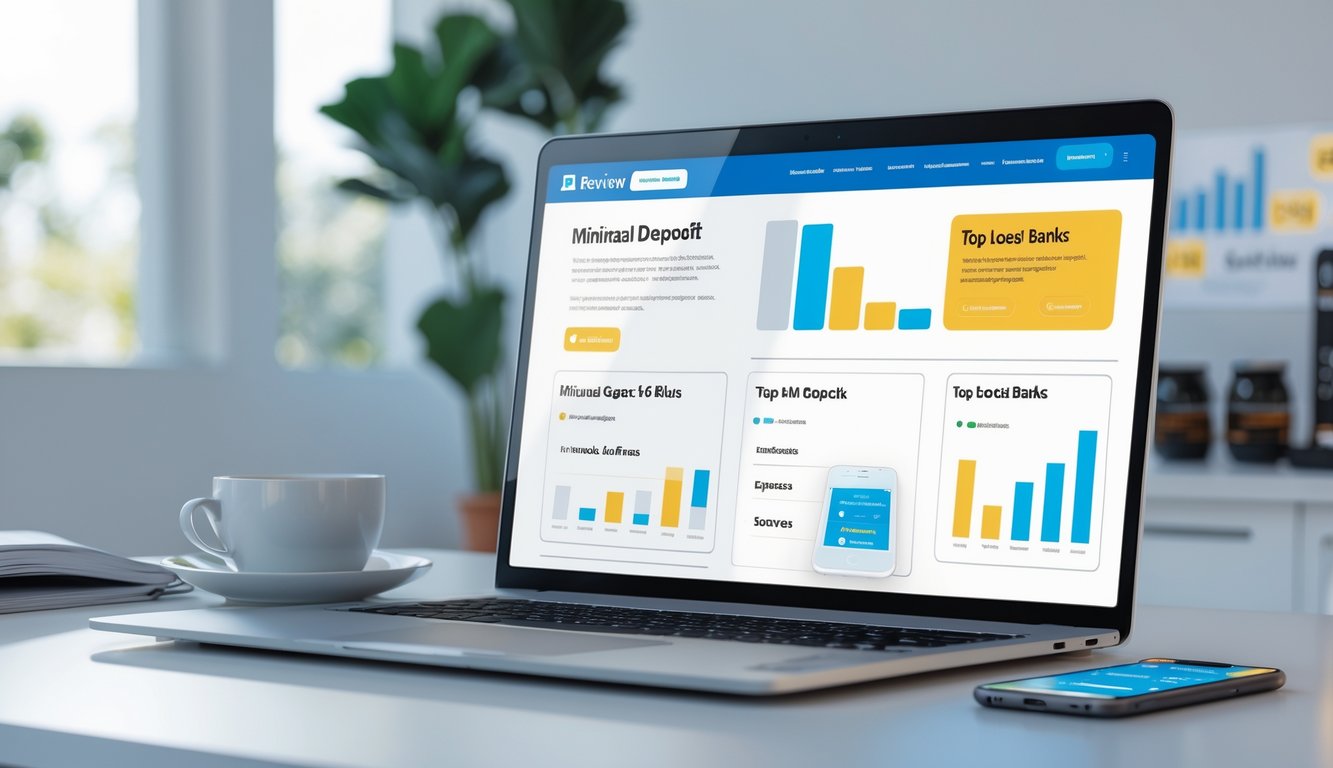 Sebuah laptop di meja kerja menampilkan antarmuka platform ulasan online dengan suasana terang dan peralatan kerja seperti kopi dan ponsel di sekitarnya.