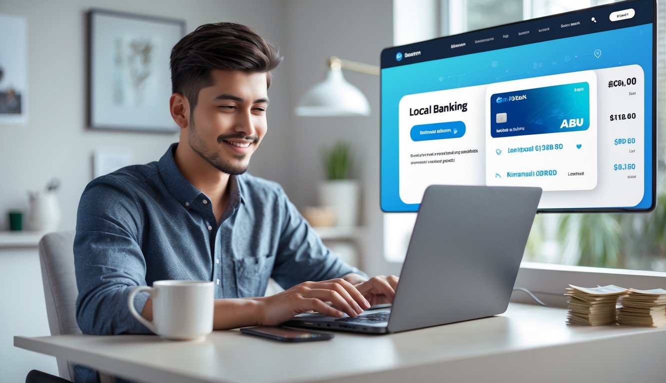 Seorang pria muda duduk di meja kerja di rumah menggunakan laptop dengan ekspresi fokus, di dekatnya ada kopi dan ponsel yang menampilkan aplikasi perbankan.