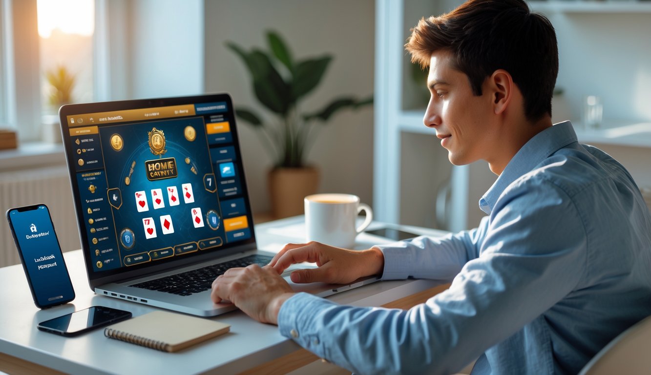 Seorang pria muda duduk di meja kerja dengan laptop yang menampilkan permainan kartu online, di ruangan yang terang dan nyaman dengan ponsel dan kopi di meja.