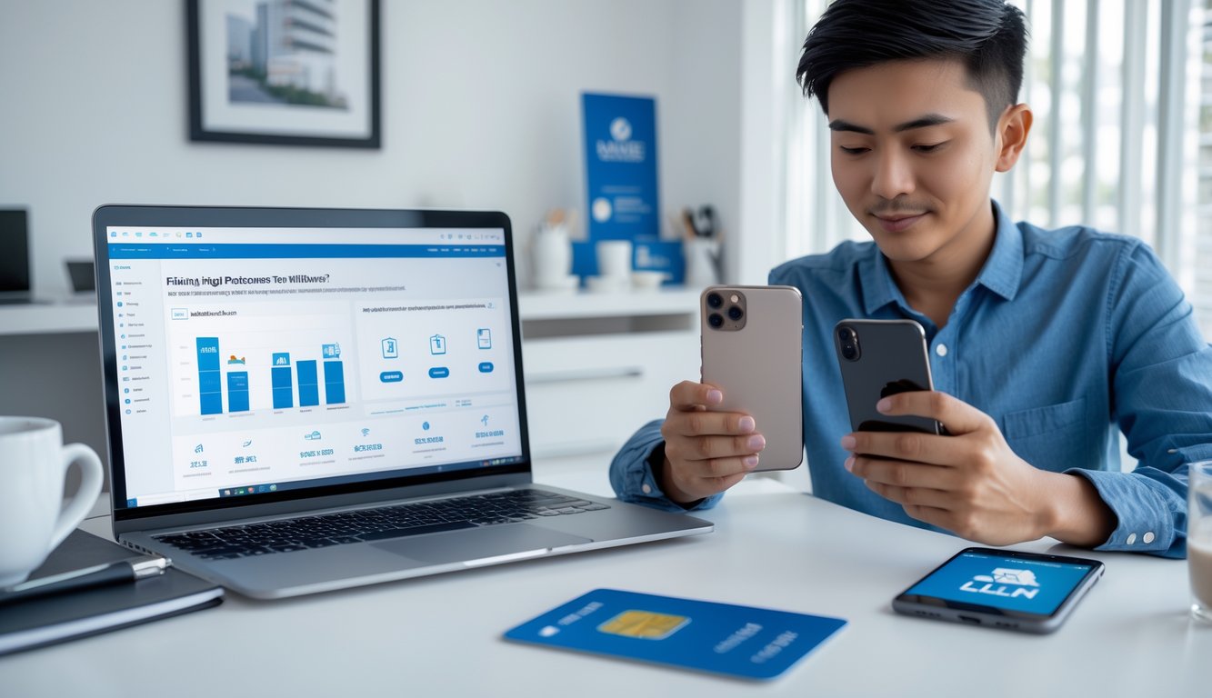 Seseorang menggunakan laptop dan ponsel di meja kerja untuk melakukan transaksi perbankan online dengan suasana ruangan yang rapi dan terang.