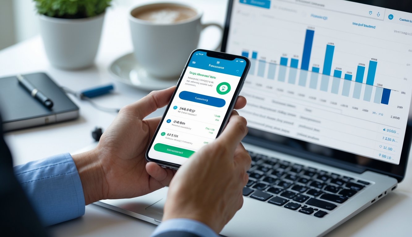 Seseorang menggunakan ponsel dan laptop di meja kerja untuk melakukan transaksi perbankan online.