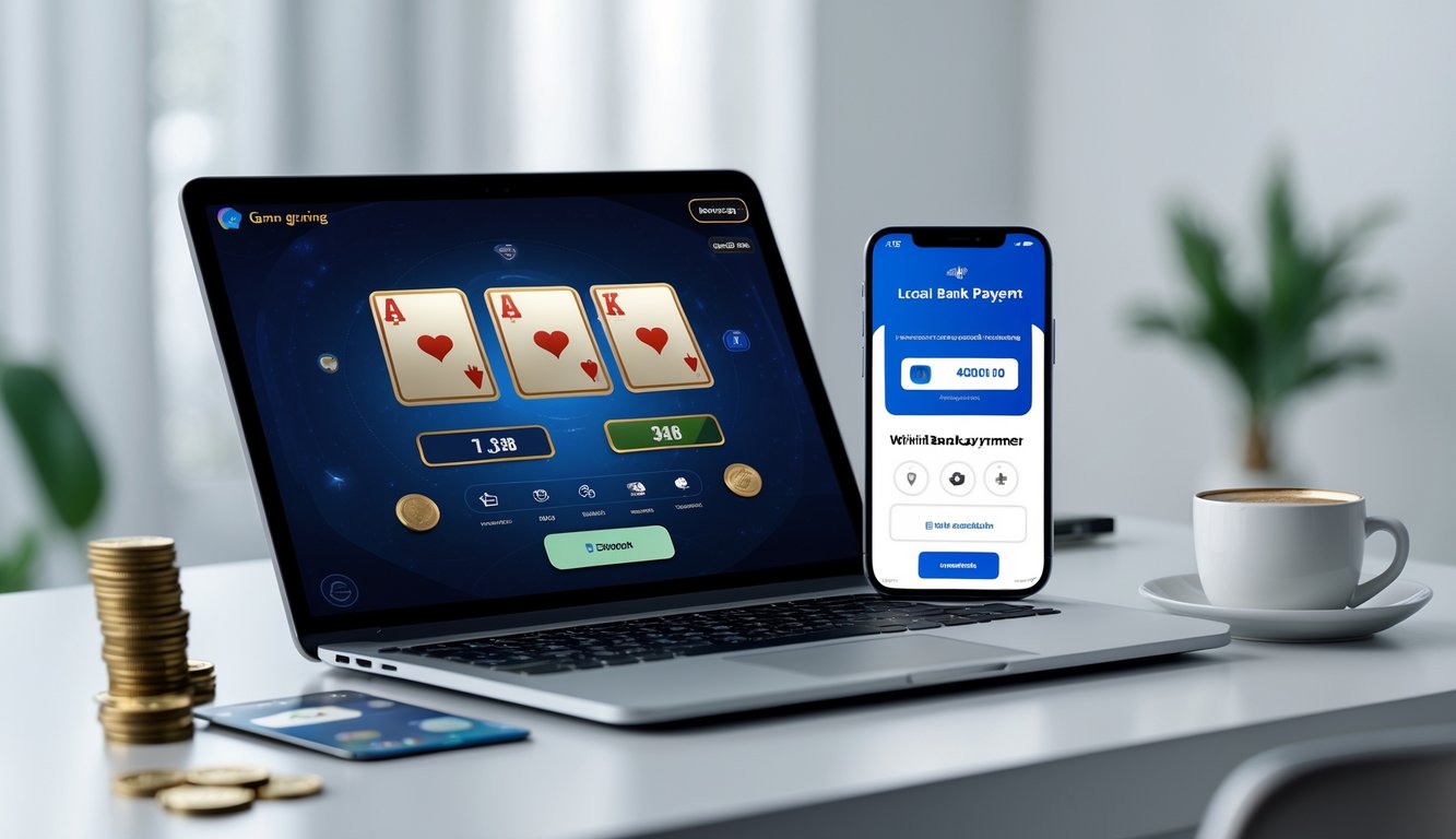 Seorang pengguna sedang bermain permainan kartu online di laptop dengan ponsel yang menampilkan aplikasi perbankan lokal untuk pembayaran.