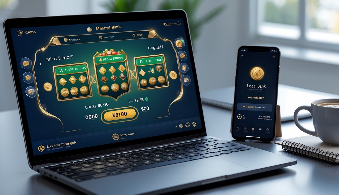 Seorang pria menggunakan laptop dan ponsel di meja kerja yang rapi, menampilkan aktivitas permainan kartu online dan aplikasi bank lokal.