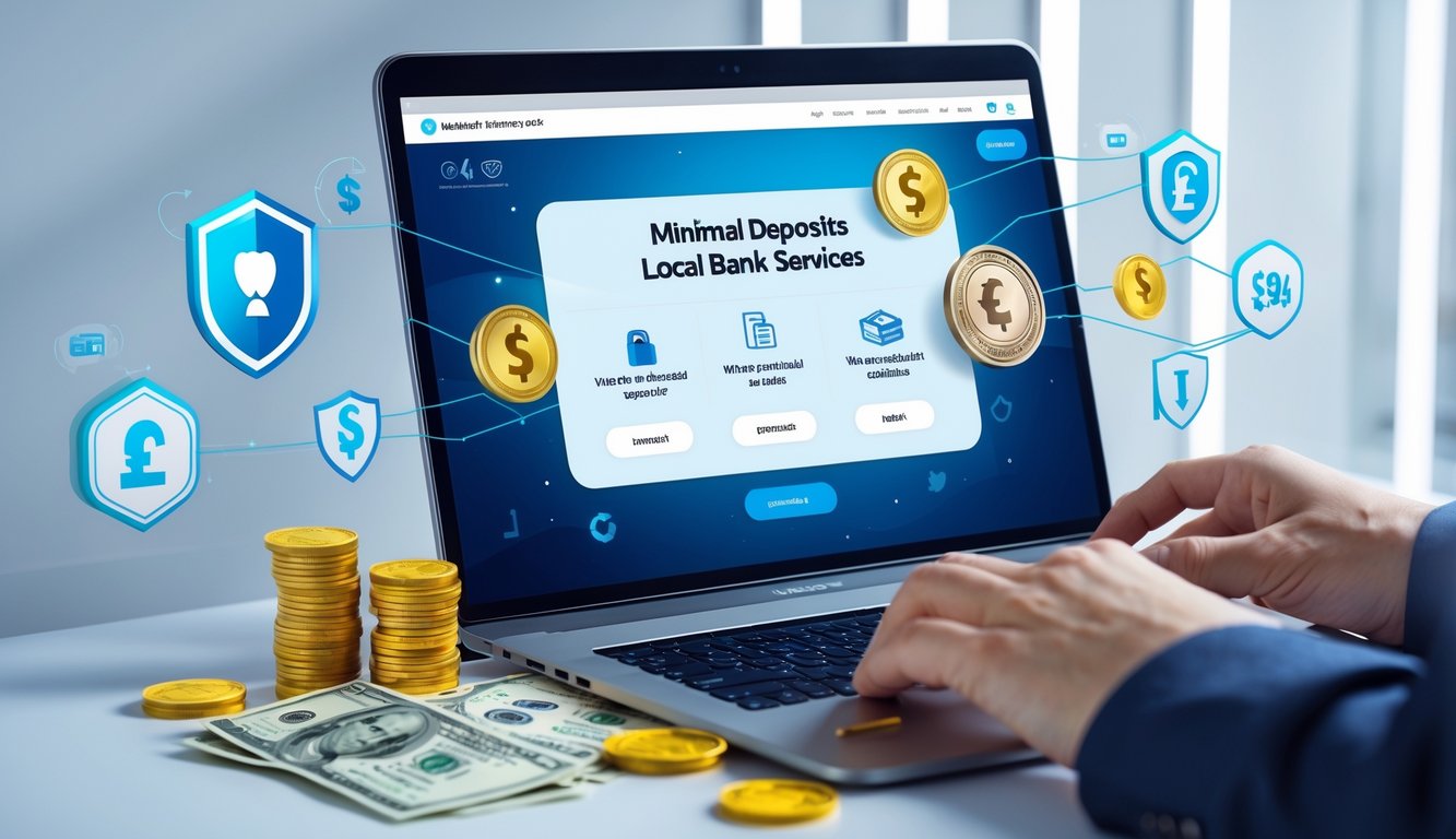 Seseorang menggunakan laptop dengan tampilan situs judi online yang aman dan legal, dikelilingi simbol keamanan dan layanan bank lokal.