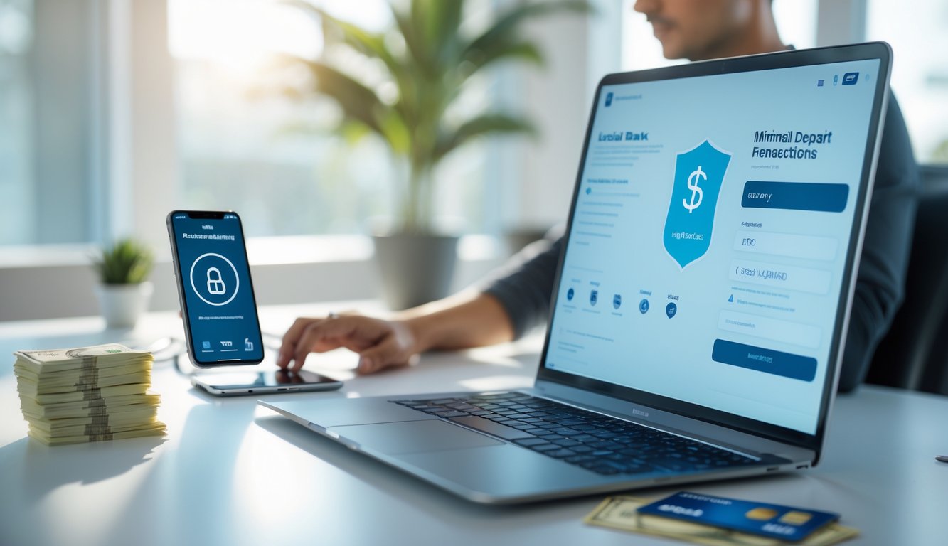 Seorang dewasa muda menggunakan laptop dan ponsel di meja kerja dengan uang dan kartu kredit, menggambarkan transaksi perbankan online yang aman dan legal.