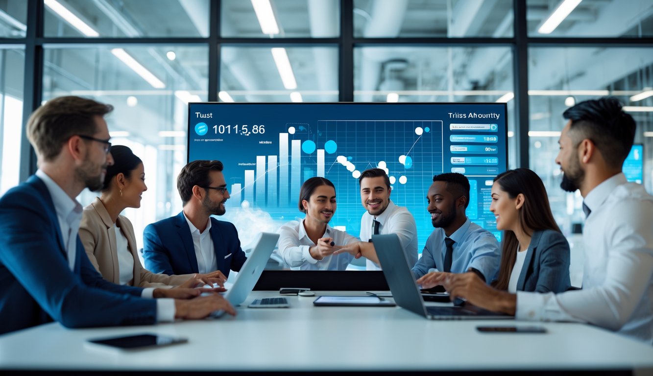 Orang-orang bekerja bersama di kantor modern dengan layar digital besar yang menampilkan grafik dan angka, menggambarkan layanan togel online terpercaya.