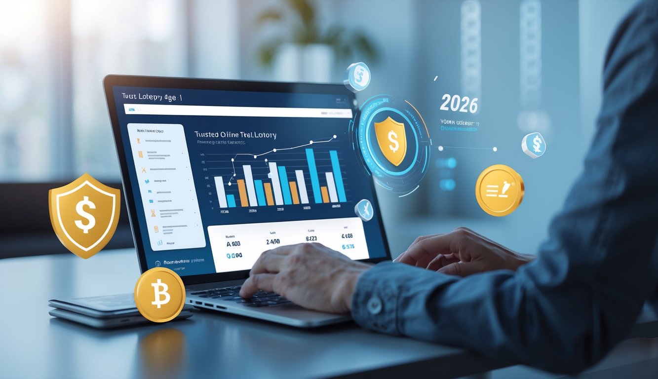 Seseorang menggunakan laptop di meja kerja dengan tampilan situs lotere online yang menunjukkan simbol keamanan dan diskon, di latar belakang kalender tahun 2026.