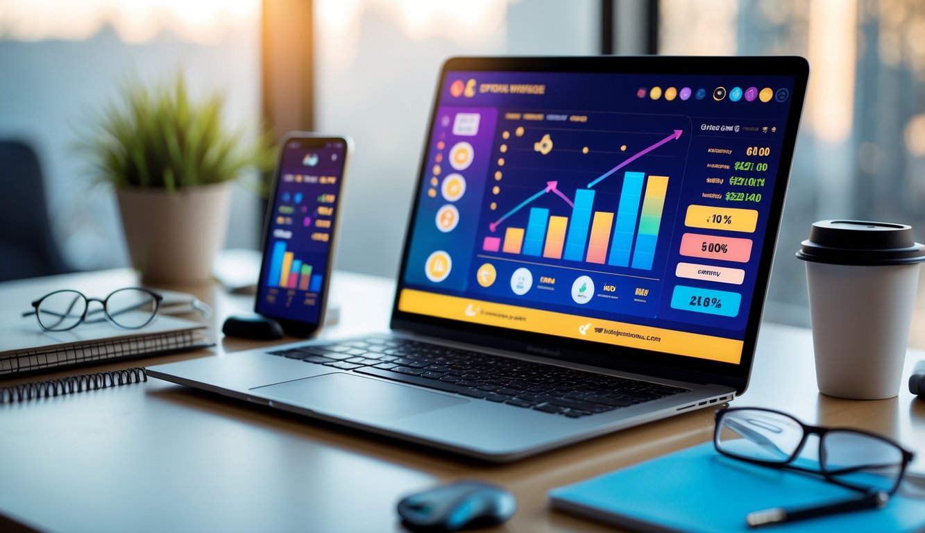 Meja kerja dengan laptop dan smartphone yang menampilkan aplikasi taruhan online, disertai cangkir kopi dan alat tulis di sekitarnya.