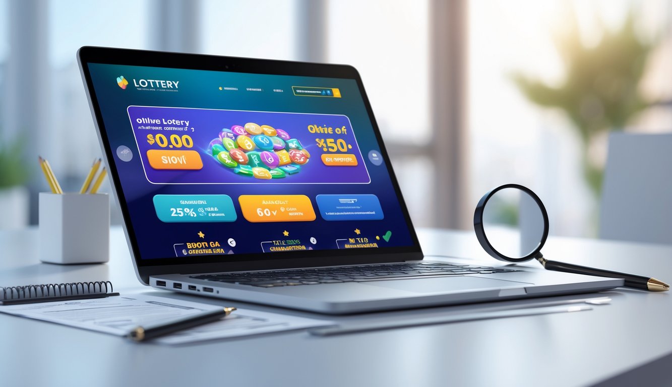 Seorang pengguna bekerja di depan laptop dengan tampilan platform togel online yang menampilkan penawaran diskon, dikelilingi alat tulis dan kaca pembesar di meja kerja.