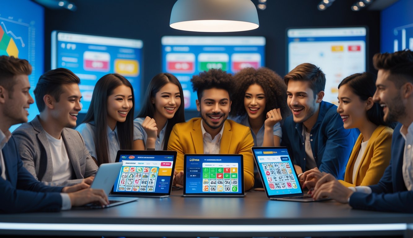 Sekelompok orang muda menggunakan perangkat digital di meja, terlihat antusias dengan permainan lotere online di ruangan yang terang dan modern.
