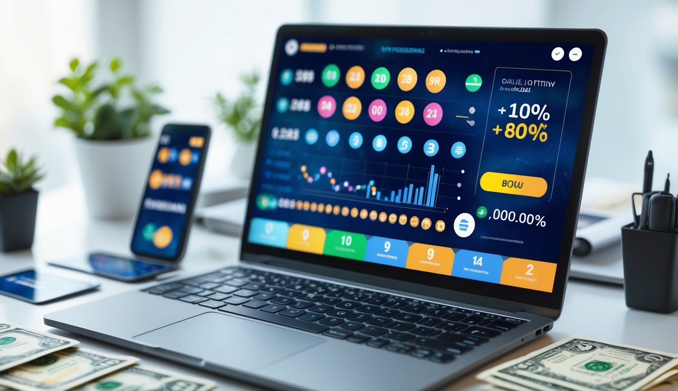 Seorang profesional menggunakan laptop di meja kerja dengan layar menampilkan antarmuka lotere online dan perangkat teknologi di sekitarnya.