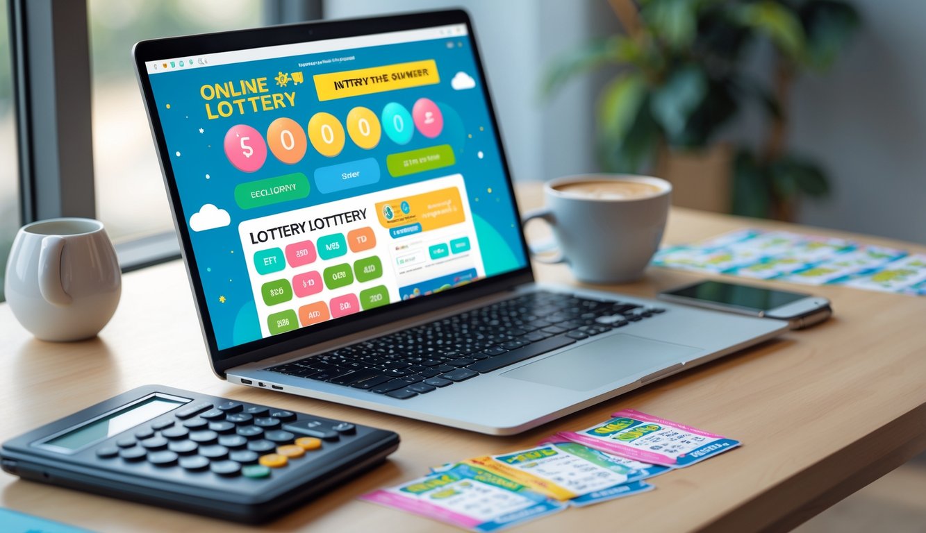 Seorang pria menggunakan laptop di meja kerja dengan tiket lotre dan kalkulator di sampingnya, di ruangan dengan cahaya alami.