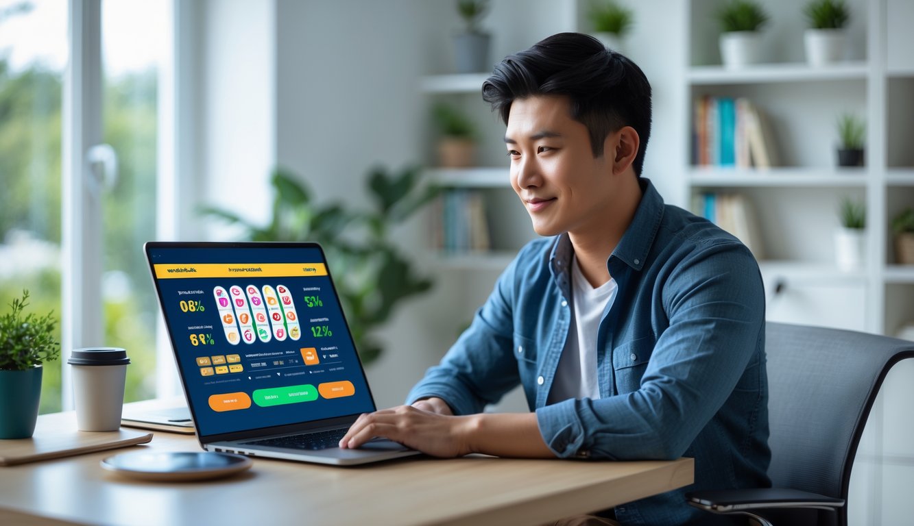 Seorang pria muda sedang duduk di meja kerja dengan laptop, fokus melihat layar komputer di ruang kerja yang rapi dan terang.