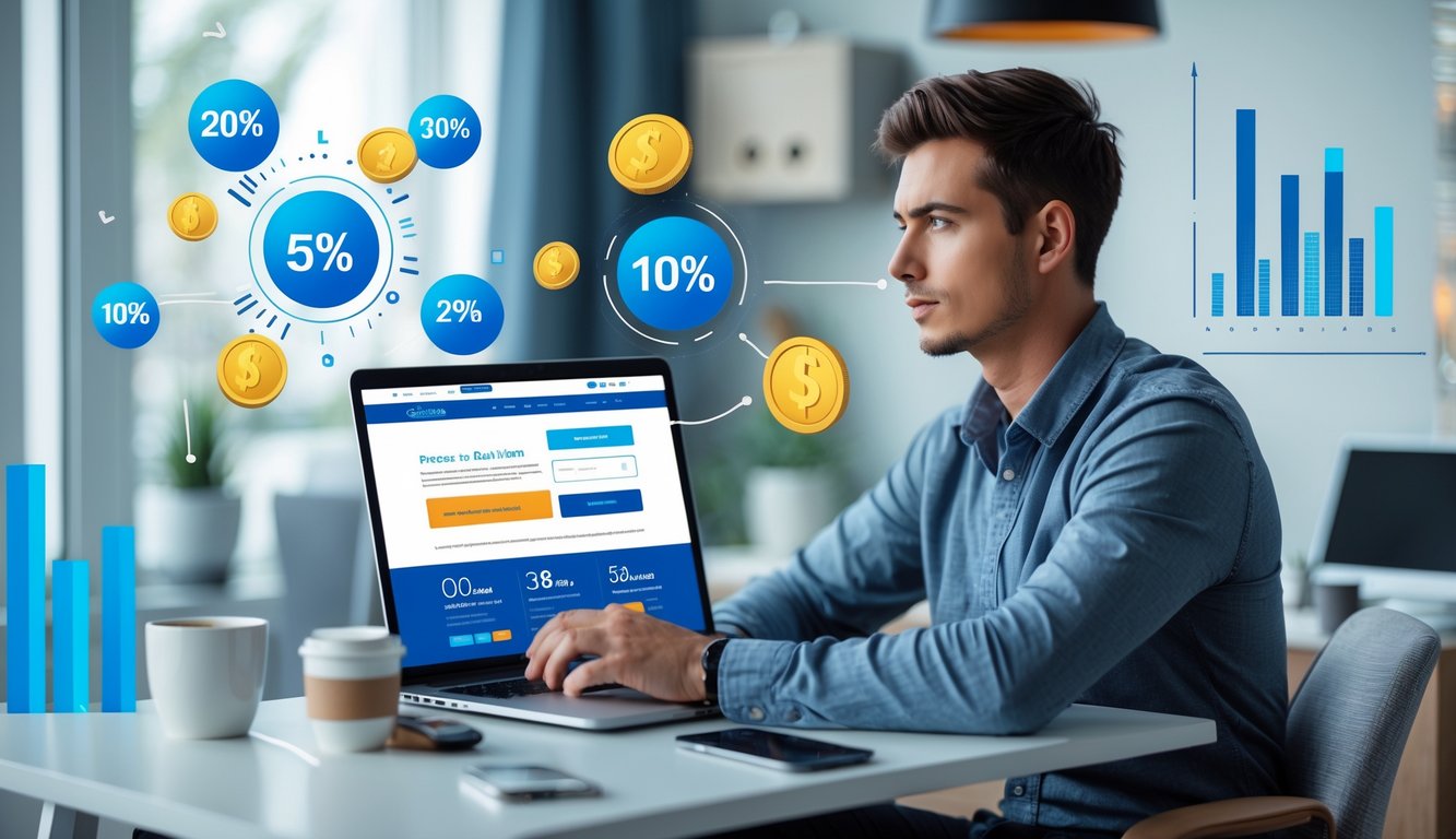 Seorang pria muda duduk di meja kerja dengan laptop terbuka, fokus mempelajari informasi tentang diskon di platform togel online terpercaya.