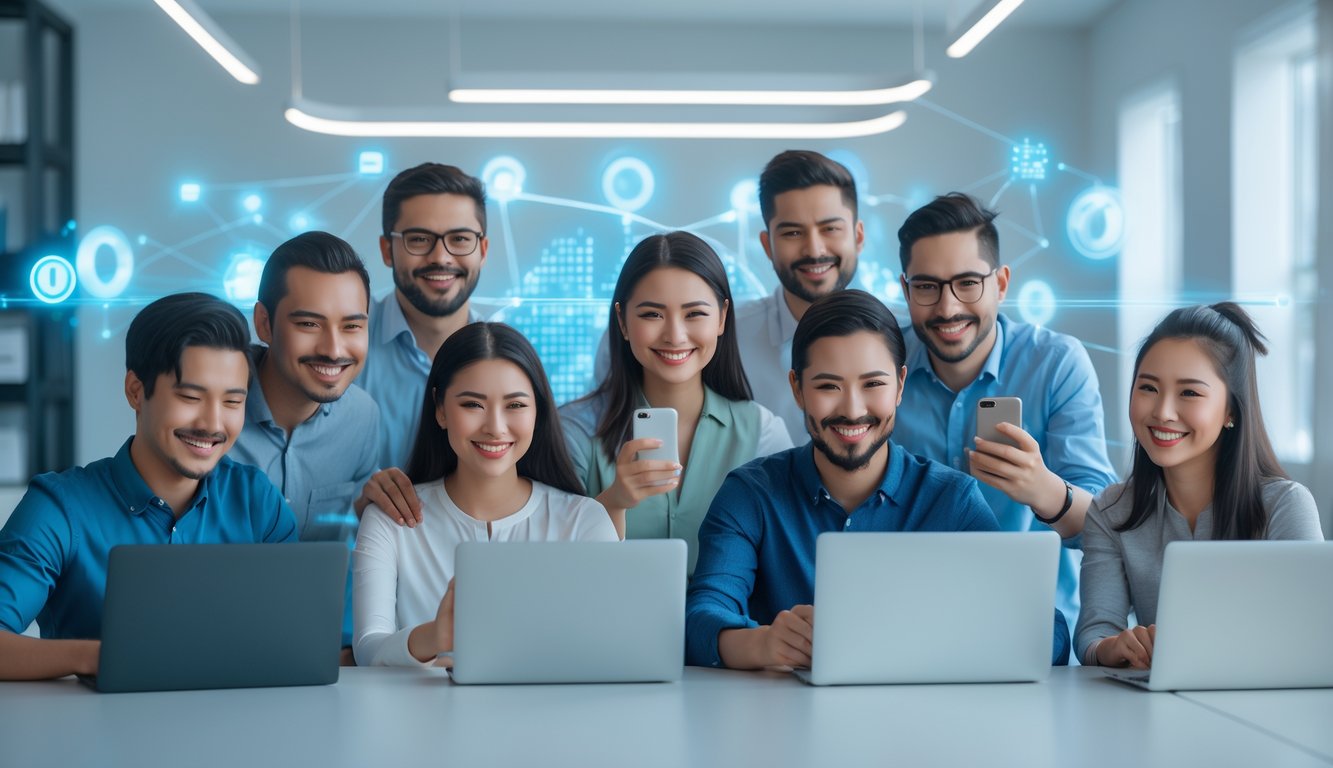 Sekelompok orang menggunakan laptop dan ponsel di ruang terang, menunjukkan aktivitas bermain togel online dengan suasana ramah dan profesional.