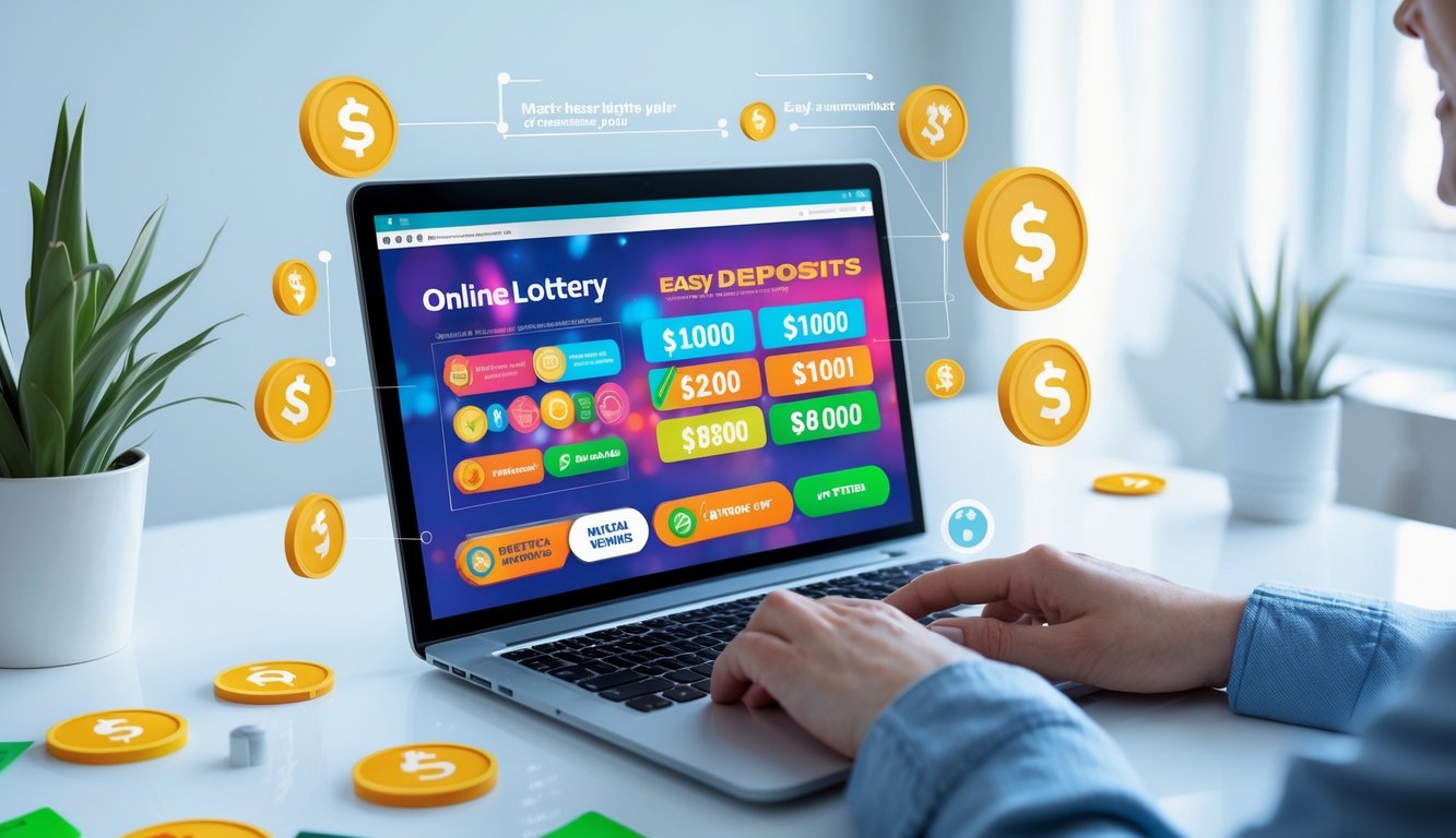 Seseorang menggunakan laptop di meja kerja dengan tampilan situs togel online yang menampilkan angka dan simbol diskon.