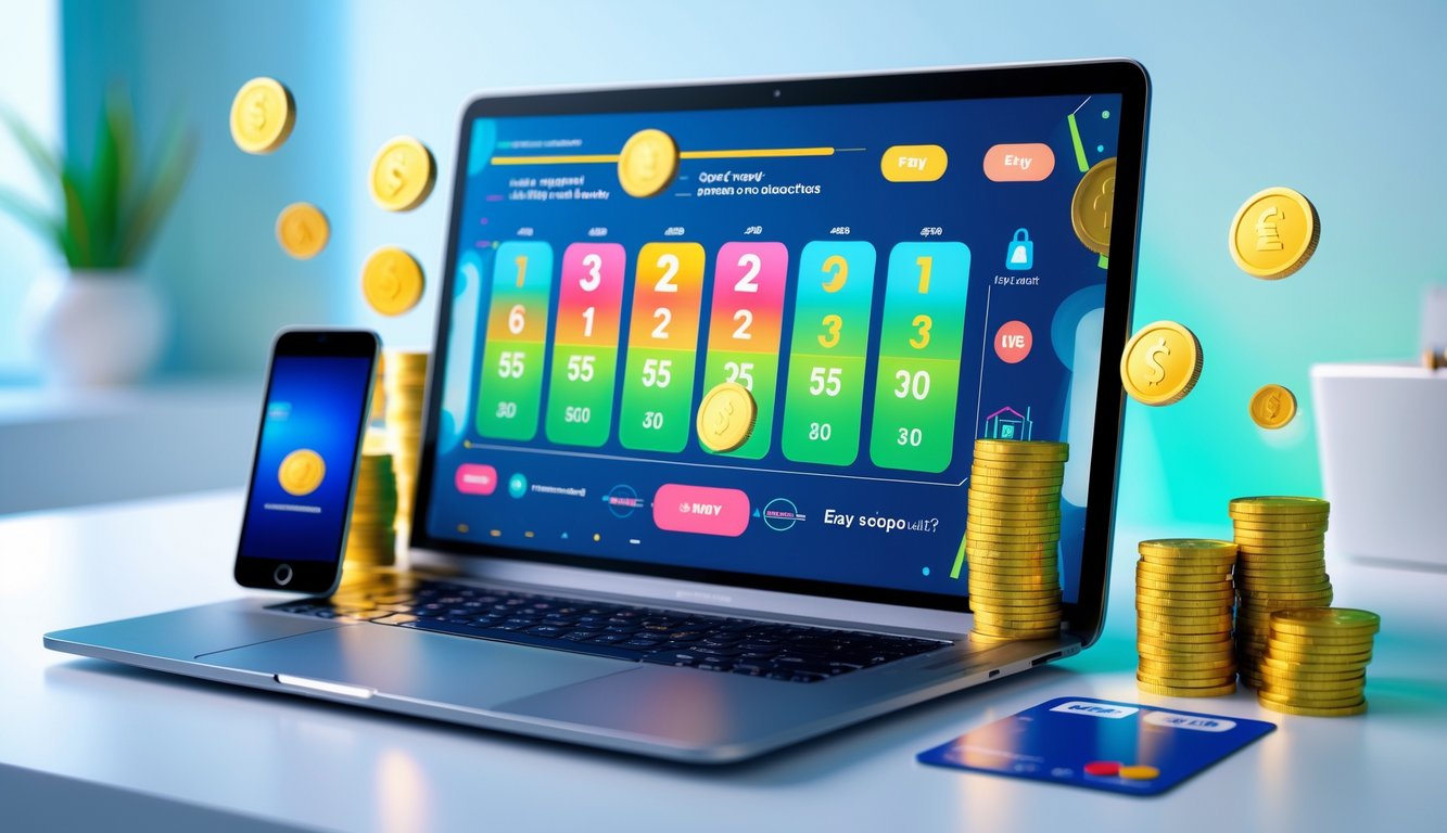 Sebuah meja kerja modern dengan laptop yang menampilkan antarmuka togel online, dikelilingi oleh smartphone, kartu kredit, dan tumpukan uang.