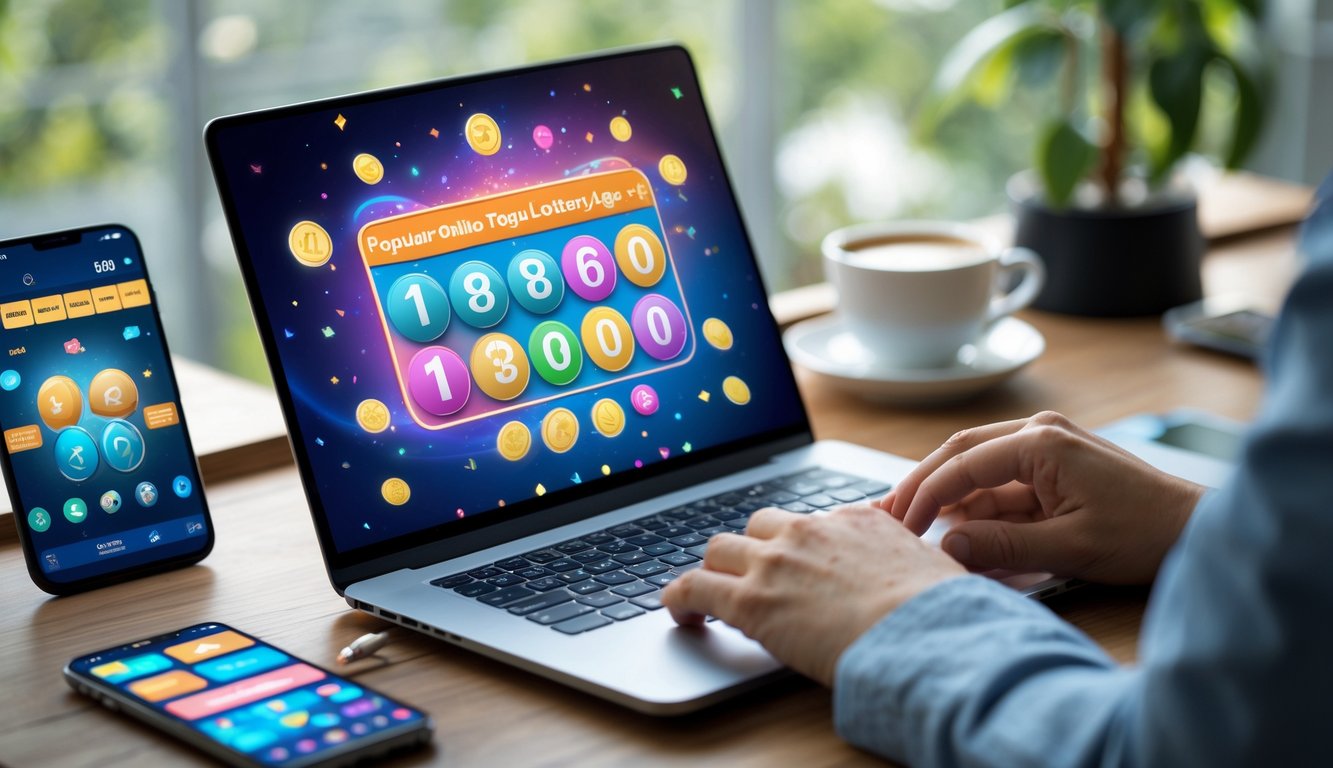 Seseorang menggunakan laptop dengan tampilan antarmuka togel online di meja kerja dengan ponsel dan cangkir kopi di samping.